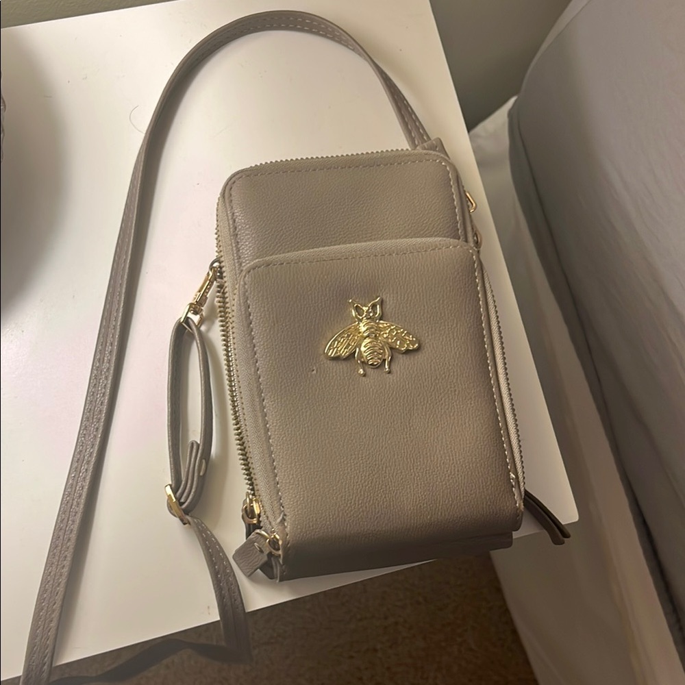 Elegant Taupe Crossbody Bag with Gold Bee Accent